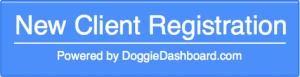 Blue button reading "New Client Registration" with "Powered by DoggieDashboard.com" below.