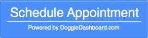 Blue button with the text "Schedule Appointment" and a footnote "Powered by DoggieDashboard.com".